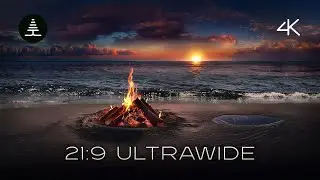 21:9 Ultrawide Relaxing Campfire on the Beach at Sunset | 4K Campfire Sounds for Sleep