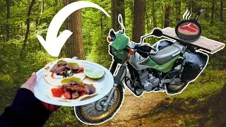my first time going motorcycle camping | cooking steak tacos on a unique motocamping cooking setup
