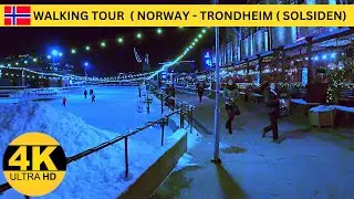 Winter Walking Tour (Bakklandet - Solsiden) 4K in Norway-Trondheim | Binaural Night Walk, ASMR