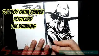 Cowboy Grim Reaper Postcard Ink Drawing