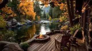 Riverside Cabin Porch in Autumn Forest Morning Ambience| Birds, Campfire & Nature Sounds
