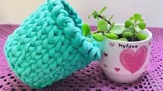 T-shirt yarn cachepot/planter | how to crochet t-shirt yarn basket | DIY home decor
