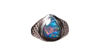 Men's Australian Opal Ring - Red & Blue Triangle - Sterling Silver Textured Band - 8933 | FlashOpal