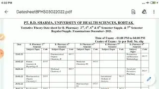 PT.B.D.SHARMA UHS ROHTAK: B.pharmacy semester date sheet 2022/ 2nd 4th 6th 7th semester date sheet