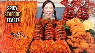 Mukbangn ASMR | Eating Spicy Squid, Fried Calamari & Ramen Noodles | Korean Seafood Boil Feast!