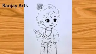 Cute Little Krishna Drawing With Flute | How to Draw Little Krishna Easy | Chitra