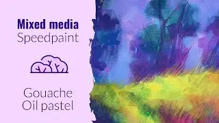 Gouache and Mixed Media №18. Bright landscape with gouache caran d'ache and neocolor