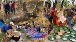 New Year 2082 Buffalo Cutting in Nepali Village🇳🇵|| Cooking and Eating || mGrpradeepvlogs