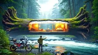 Living Inside a Giant Fallen Tree | Forest River Survival Build | Timelapse ASMR
