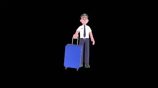 3D Cartoon Male Character Turntable | Ready Pilot Pulling Large Blue Suitcase Model