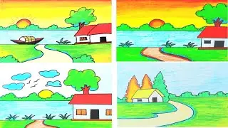 Easy landscape drawing for kids and beginners|Learn house and nature simple painting|Nature scenery 