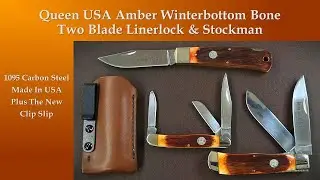 Queen Amber Winterbottom Bone Two Blade Linerlock & Stockman Traditional Knives