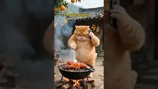 Fat Orange Cat and Shrimp Friend #cat #aicat #fatcat #orangecat #cat2025 #animals