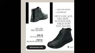 Black Calfskin Handmade Men's King Size High Top Sneakers