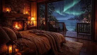 Cozy Cabin Aurora | Ambient Guitar & Gentle Rain Sounds for Sleep &ndash; 1 Hour 4K