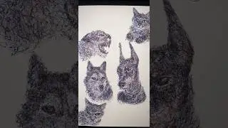Абстрактные выражения лиц животных, нарисованные обеими руками