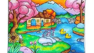 Cara gradasi warna oil pastel - menggambar pemandangan dengan Rumah dan Air terjun untuk pemula