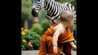 a baby monk sitting on top of the zebra #babyandthezebra
