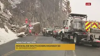 Crews work to clear massive boulder from Highway 50