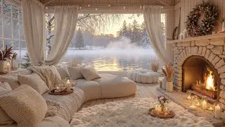 Relaxing Winter Morning Jazz Coffee by the Fireplace ❄ Snowy Lakeside Cabin for Calm January Focus