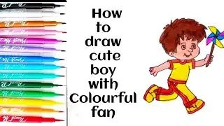 How to Draw a Cute Boy with Colourful Fan | Easy Drawing for Kids | Step by Step #boy #kidsdrawing 