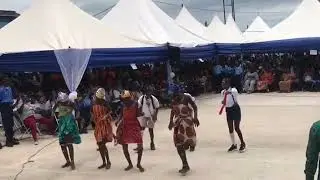 Ghanaian students perform a 'Kpanlogo' dance for their school's 15th anniversary
