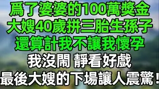爲了婆婆的100萬獎金，大嫂40嵗拼三胎生兒子！還算計我不讓我懷孕，我沒閙 靜看好戲，最後大嫂 的下場讓人震驚！#幸福生活 #深夜淺讀 #深夜故事 #婆媳 #情感故事 #為人處世
