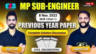 MP Vyapam Sub-Engineer PYQ's Paper Solution | 8 Nov 2022 (Shift 1) - #1 | ESB | Civil Engineering
