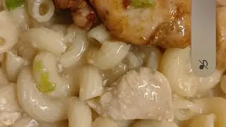 Spirali shape chicken soup pasta with grill chicken. 