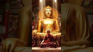 Cinematic sacred composition, monk centered, Buddha towering