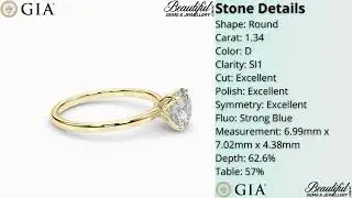 Triple Excellent 1.34ct D Colour Round Diamond Solitaire Ring