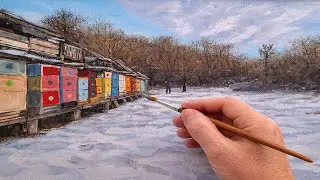 The apiary in winter | Relaxing Acrylic Painting