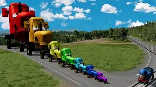 Big & Small Rainbow Pixar Tractor vs Captain America Thomas the Tank Engine Train BeamNG.Drive