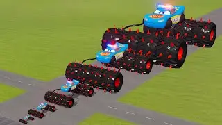 Big & Small Blue Lightning McQueen Police Cars vs Thomas Trains | BeamNG.Drive