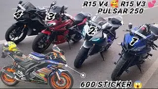 Sunday ride 😃 R15V3  R15V4 Pulsar 250 R15 full modified 😱 600 sticker 😱 stunt 😮 worn out 🤯💥