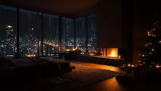 Christmas Rain on Large Windows - Quiet City View & Gentle Firelight - Sleep, Calm, and Comfort