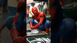 Spider Man selling fishes in an African market .#marvel #avengers #viralshorts #sellingfishes