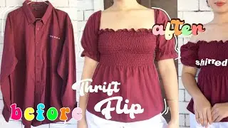 DIY upcycling a shirt (Reworked) |Shirred puff-sleeve top|Clothes repair|Recycle clothes|Thrift flip