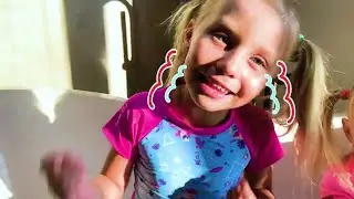 Alice and Eva kids play four colors pools with balls and kids songs