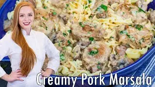 CREAMY Marsala Noodles with Juicy Pork Tenderloin!! 30-Minute Dinner Meal!!