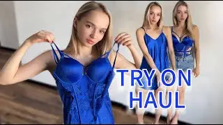 [4K USA] Too Blue to Ignore? 💙 Satin & Lace Try-On! Real Fit & Honest Review