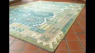 Handmade Afghan Kilim in bold geometric pattern and blue/green colours - 310164