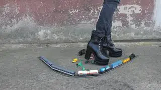 Platform boots crush high heels crushing toy cars and toy train