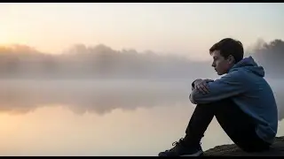 Teen sitting by a lake. Knees hugged. Fog on water. Early morning light. Peaceful loneliness.