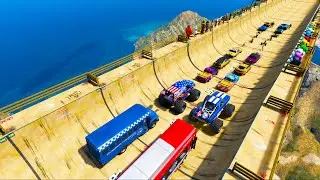 Spiderman maze Ramps challenge GTA V Superheroes Mods Among Us Spiderman Red Hulk Bus SuperCars Moto
