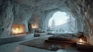 🌬️❄️ Blizzard Cave Fireplace Sounds | Snow Falling Outside | Relaxation Focus Study Meditation Sleep