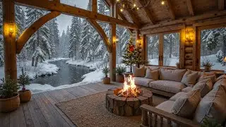 Cozy Wood Cabin by Calm Lakeshore ❄️ Winter Piano Music Background & Crackling Fire for Relaxation