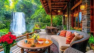 Smooth Jazz at Coffee Shop Ambience by the Waterfall | Soothing Nature Sounds for Relaxation