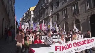 Protesters march on to Portugal parliament to urge politicians to recognise Palestinian state