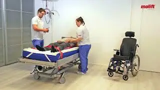 Molift Hoist Sling:  RgoSling HighBack   How to apply and transfer from bed to comfort wheelchair